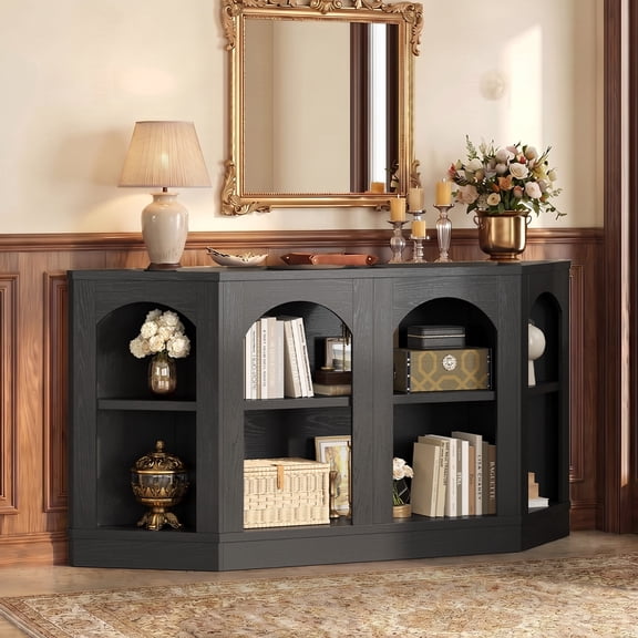 Angrywin 63" Farmhouse Console Table, 2-Tier Open Shelf Entryway Table with Arched Design, Sofa Table for Living Room Behind Couch, Hallway, Black