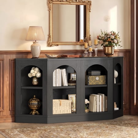 Angrywin 63" Farmhouse Console Table, 2-Tier Open Shelf Entryway Table with Arched Design, Sofa Table for Living Room Behind Couch, Hallway, Black