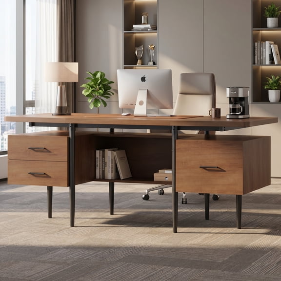 Angrywin 70.9" Executive Desk with Drawers, File Drawer & Privacy Panel, Brown
