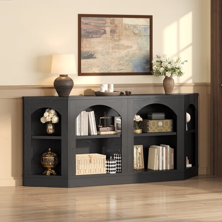 Angrywin 70.9" Farmhouse Console Table, 2-Tier Open Shelf Entryway Table with Arched Design, Sofa Table for Living Room Behind Couch, Hallway, Black