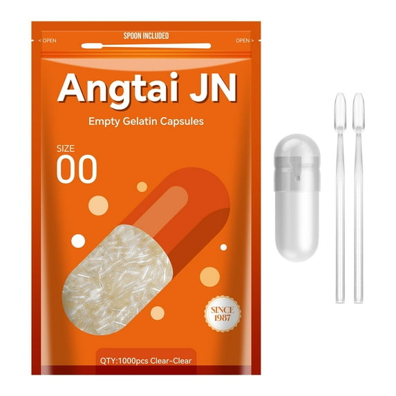 Angtai JN Empty Gelatin Capsules Size 00 - Clear Empty Gel Capsules (1000 Count) with Two Micro Lab Spoons - DIY Fillable Pill Capsules Empty Gel Caps