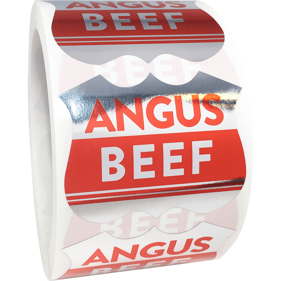 Angus Beef Grocery Store Food Shiny Red & Silver Foil Sticker Labels | 2 x 2" inch - 500 Pack | InStockLabels.com