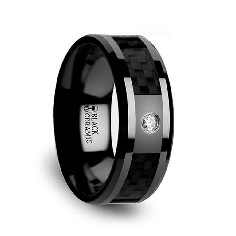 Thorsten ANGUS Black Ceramic Wedding Band with Black Carbon Fiber Inlay and White Diamond - 8mm Thorsten ANGUS Black Ceramic Wedding Band with Black Carbon Fiber Inlay and White Diamond - 8mm