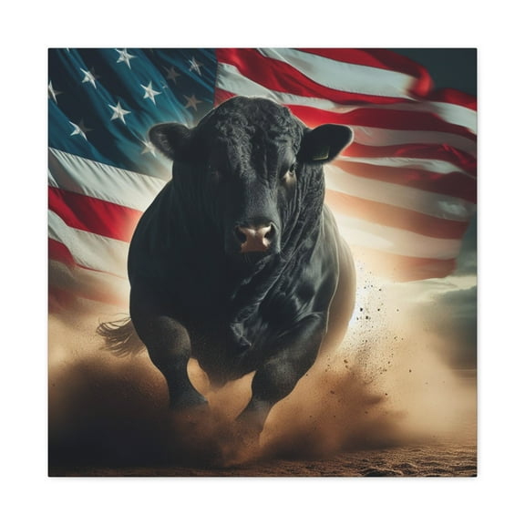 Angus Bull & American Flag, Canvas Gallery Wrap, Cow Cattle Wall Decor Home