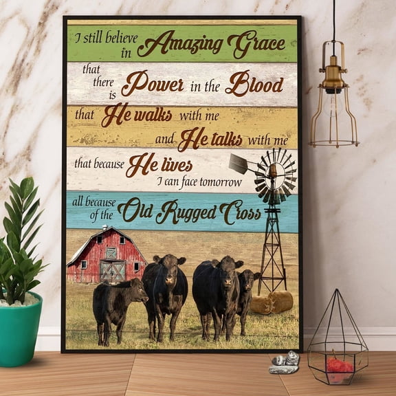 Angus Cows I Still Believe In Amazing Grace The Old Rugged Cross Satin Poster Wall Art Decor 11 x 17 Inch Poster
