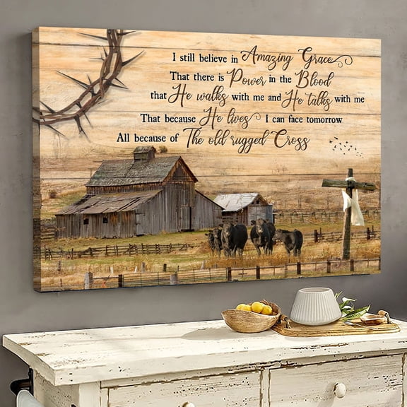 Angus Cows, Tranquil Farm, Wooden Cross, I Still Believe In Amazing Grace, Jesus Landscape Poster Prints, Wall Art, UNFRAMED