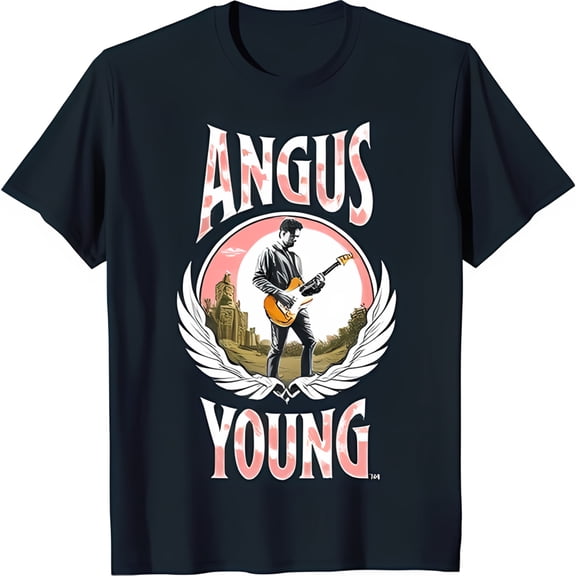 Angus Young Graphic Black T-Shirt with Pink Gradient Design