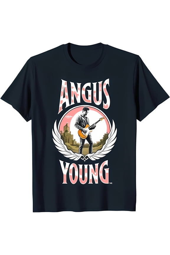 Angus Young Graphic Black T-Shirt with Pink Gradient Design