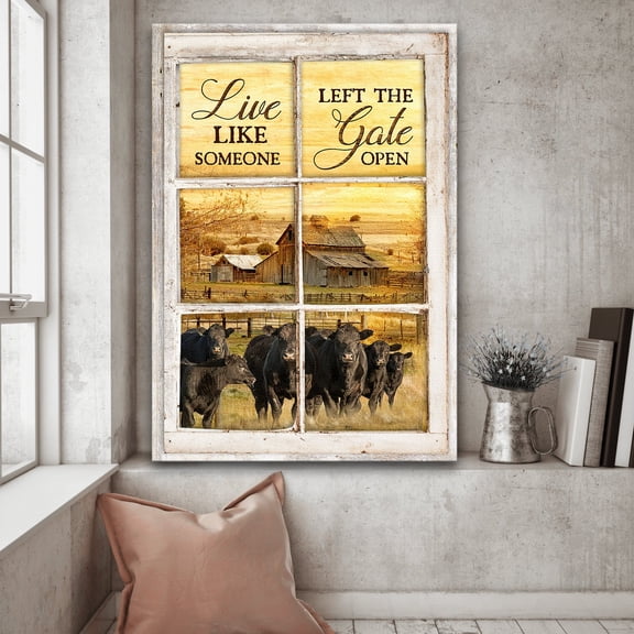 Angus cows, Tranquil Farm, Live like someone, left the gate open - Farm Portrait poster Prints, Wall Art, UNFRAMED-8x12