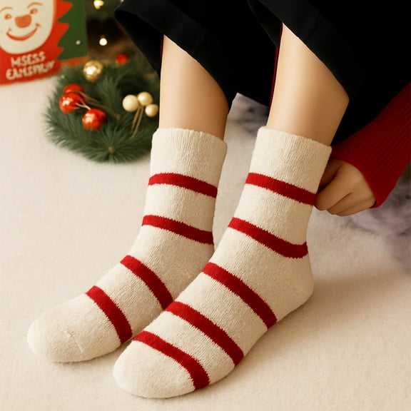 Anhility 1 Pairs Christmas Fuzzy Socks Fluffy Socks Christmas Stripe Velvet Xmas for Women Cold Winter Indoor, Red