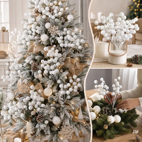 Anhility 10Pcs Christmas White Frosted Ball Picks, 17.7", Artificial Snow Berry Stems Flocked Foam Ball Sprays for Christmas Tree Holiday Display