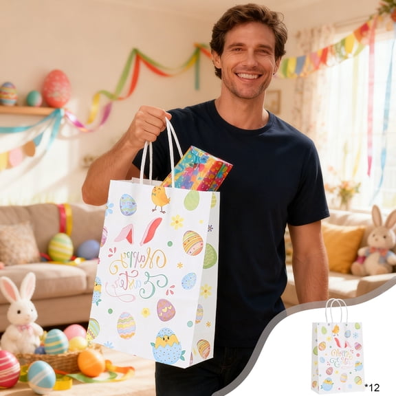 Anhility 12Pcs Easter Bunny Paper Bags with Handles Eggs Rabbit Elementss Bags Rustic Candy Goodie Bags for Spring Birthday Easter Party Favors Supplies, 8.27x4.28in