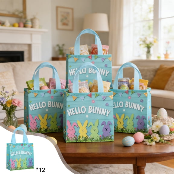 Anhility 12Pcs Easter Gift Bags Multicolor Bunny and Eggs Treat Tote Bags with Handles Egg Hunt Bag for Snack Candy Treat Party Favor Spring Birthday Party Supplies, 7.87x7.87x3.54in