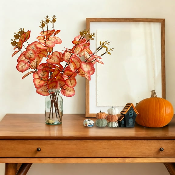 Anhility 13.4in Artificial Plants Eucalyptus Stems, Orange Faux Eucalyptus Stems, Long Eucalyptus Leaves Greenery Stems Plants for Fall Floral Arrangement Wedding Centerpiece Home