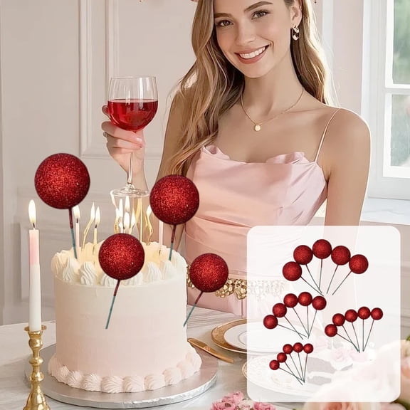 Anhility 20Pcs Cake Topper Ball Sticks Mini Balloons for Cake Decorating Supplies Foam Balls Cake Decorations for Party Cake Birthday Cake Toppers Decorations (Red)