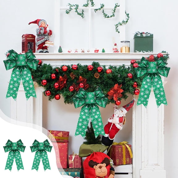 Anhility 2Pcs Christmas Bows for Wreath, Xmas Snowflake Graphic Wreath Bows Green Hanging Bow Winter Holiday Craft Bow Xmas Farmhouse Tree Bows for Basket Christmas New Year Party Decorations