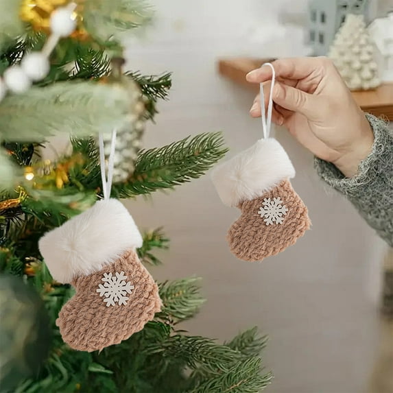 Anhility 2Pcs Mini Christmas Tree Hanging Stockings, Knit Snowflake Pattern Soft Stockings with White Plush Cuff for Christmas Tree and Room Ornament Decoration and Gift Holder, Khaki