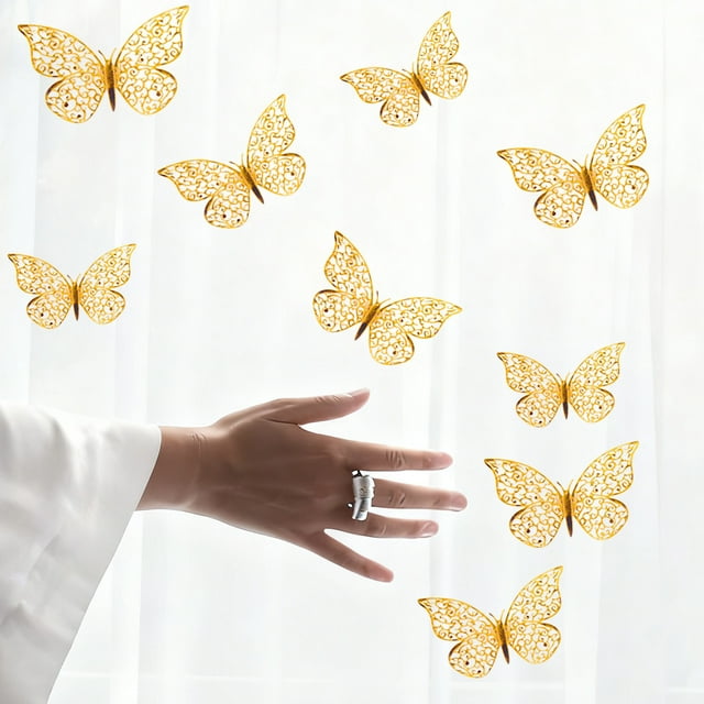 Anhility 3D Butterfly Wall Decor, 12Pcs Gold Butterfly Decorations for Birthday & Party Celebrations, Removable Stickers