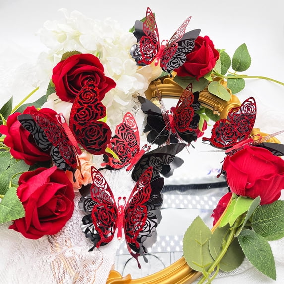 Anhility 3D Butterfly Wall Stickers 6Pcs Valentine's Red Rose Butterfly Stickers Wall Decal for Home and Room Wedding Bedroom Decorations