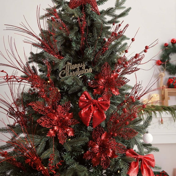 Anhility 3Pcs Glitter Christmas Tree Picks Decorations Christmas Picks Artificial Xmas Berry Stems Branches Christmas Twigs for Xmas Tree Topper Vase Fillers Wreath Crafts, Red