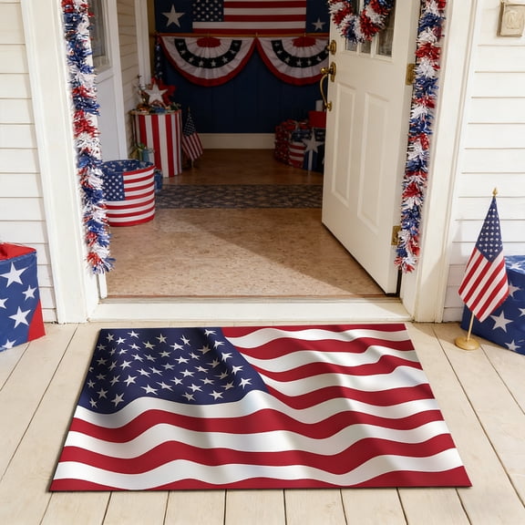Anhility 4th of July Bathroom Rug Non Slip Bath Carpet Red Blue White Star Stripe Door Mat for 250th Anniversary Patriotic Independence Day Home Decoration, 24"x16"