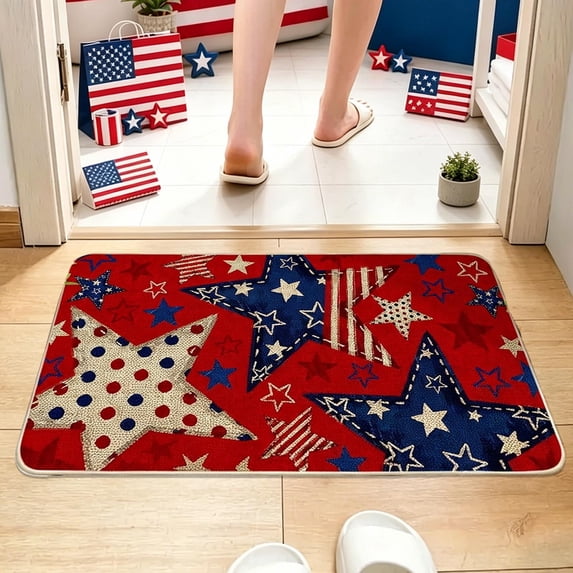 Anhility 4th of July Bathroom Rug Non Slip Bath Carpet Red Blue White Star Stripe Door Mat for 250th Anniversary Patriotic Independence Day Home Decoration, 24"x16"