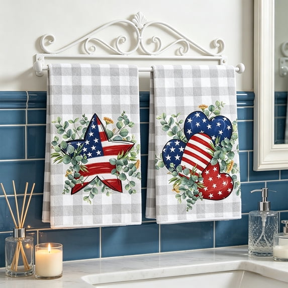Anhility 4th of July Kitchen Towels, 2Pcs Patriotic Towels 24"x16" Absorbent Reusable Cotton Cloths for Housewarming Gift or Memorial Day Kitchen Decor