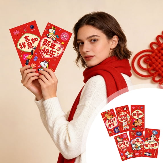 Anhility 6Pcs New Year Red Envelopes, Chinese Traditional Money Hong Bao Cute Cartoon Thick Envelope Pockets for Spring Festival, Lunar New Year