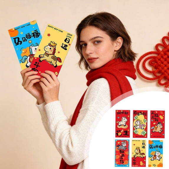 Anhility 6Pcs New Year Red Envelopes, Chinese Traditional Money Hong Bao Cute Cartoon Thick Envelope Pockets for Spring Festival, Lunar New Year