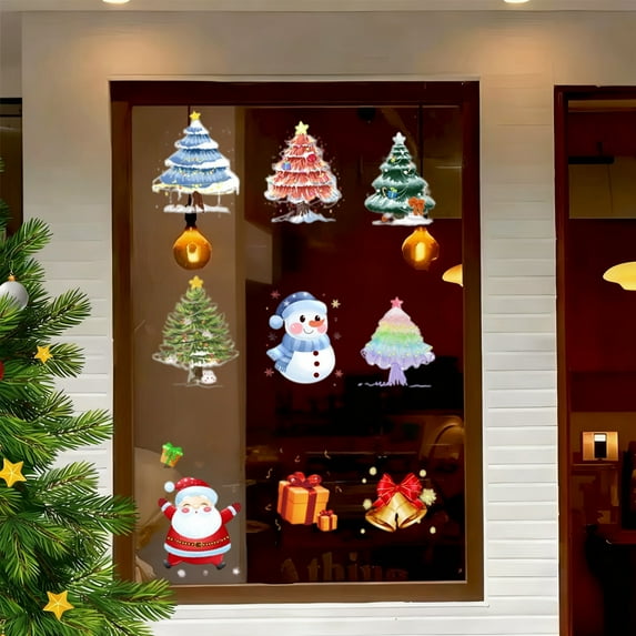 Anhility 9 Sheets Christmas Window Clings Waterproof Xmas Tree Window Decals Merry Christmas Decorations for Holiday Party Home Office Glass