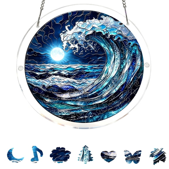 Anhility Acrylic Stained Glass Suncatcher Puzzle, 7.48" Ocean Wave Window Hanging Decor, Stormy Sea Panel for Beach House, Coastal Bathroom & Surfer Gifts