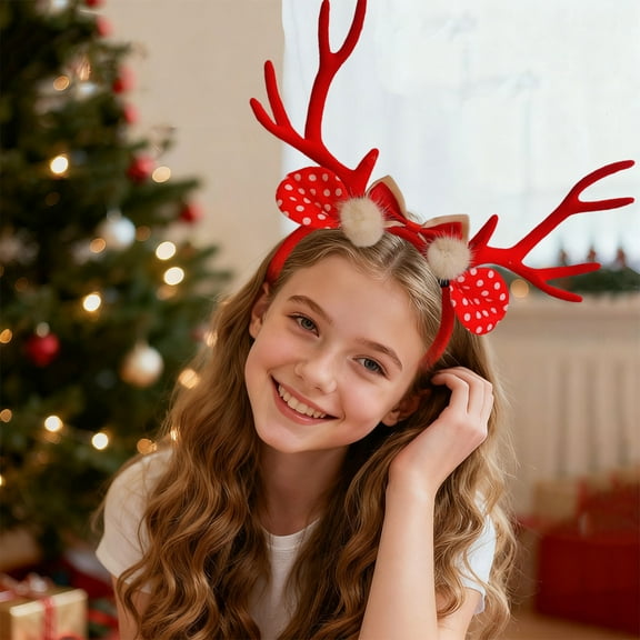 Anhility Antler Headband Red Christmas Reindeer Hairband Deer Horn Hair Hoop Elk Ears Holiday Headpiece Cute Women Headdress Accessories for Party Indoor Outdoor