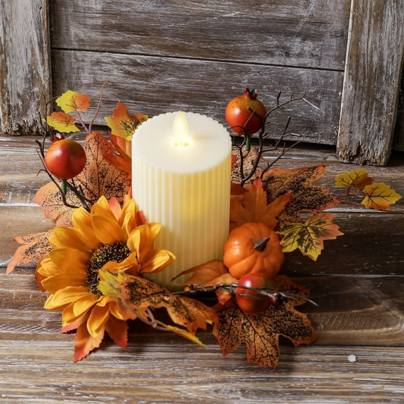 Anhility Artificial Candle Rings Fall Candle Holders Small Candle Wreath Rings Maple Leaves and Sunflower Candle Rings Small Wreaths, 2.95 inch Center for Thanksgiving Pillar Candle