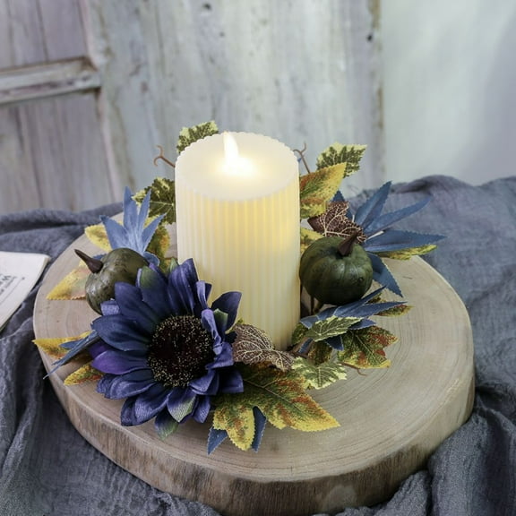 Anhility Artificial Candle Rings Fall Candle Holders Small Candle Wreath Rings Maple Leaves and Sunflower Candle Rings Small Wreaths, 2.95 inch Center for Thanksgiving Pillar Candle