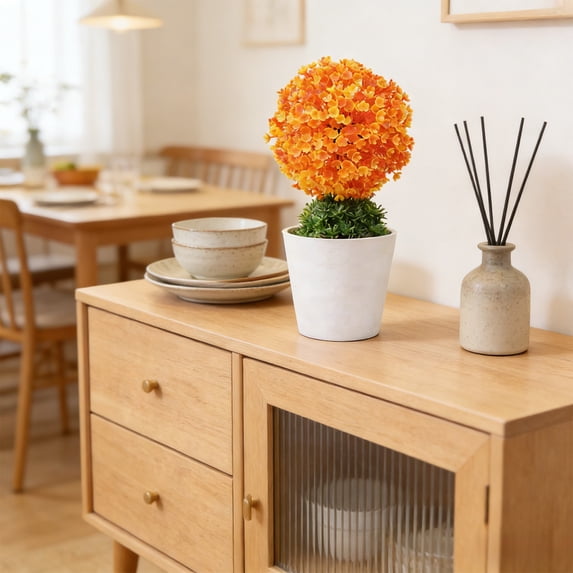 Anhility Artificial Green Flower Ball Potted Fake Shrubs Small Ball Plant Decoration Faux Small Flower Ball Potted for Home Office Desk Table Room Decorations, Orange
