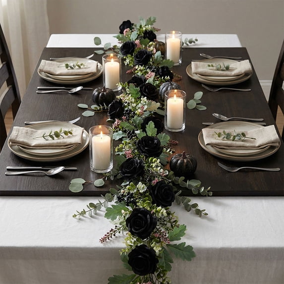 Anhility Artificial Roses Flower Garland, 68.9" Each, Silk Flower Garlands, Rose Flower Vine for Wedding Arch Party Home Table Runner Mantle Decoration (Black)