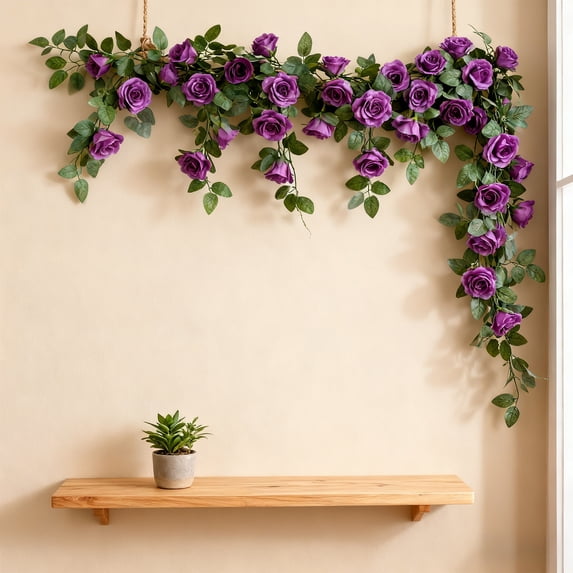 Anhility Artificial Roses Flower Garlands Purple Artificial Hanging Flowers 78.74" Silk Flowers Vines Roses Garland for Backdrop Wedding Arch Party Outdoor Home Wall Garden Table Decor