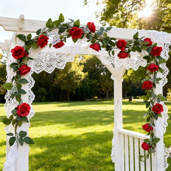 Anhility Artificial Roses Flower Garlands Red Artificial Hanging Flowers 78.74" Silk Flowers Vines Roses Garland for Backdrop Wedding Arch Party Outdoor Home Wall Garden Table Decor