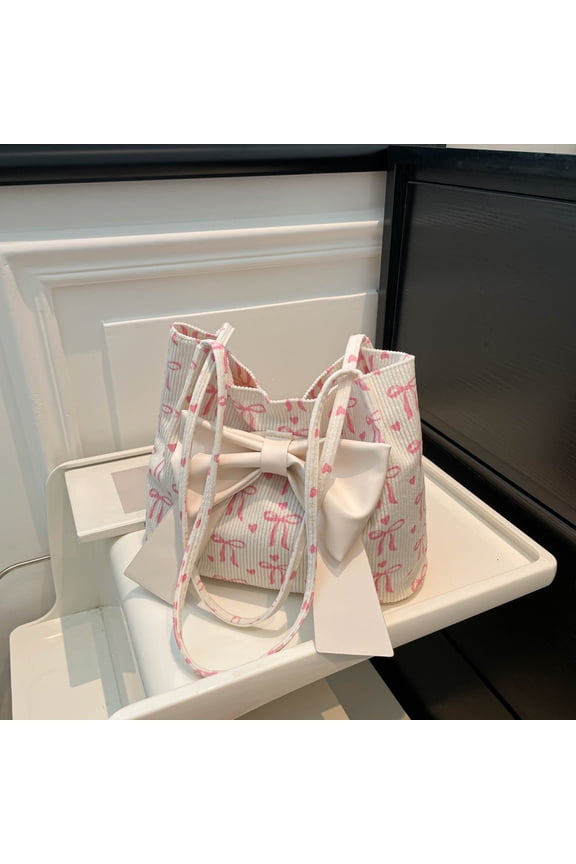 Bowknot Handbag Purse Cute Canvas Shoulder Bag Elegant Top-handle Totes Satchel Valentine's Day Birthday for Women Girls, White