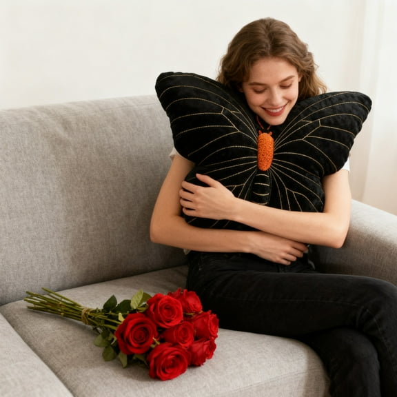 Anhility Butterfly Pillow, Decorative Butterfly Pillows with Soft Plush for Couch Bed, Butterfly Shaped Throw Pillow Room for Office Car Home Travel (Black, 12.9x9.4in)