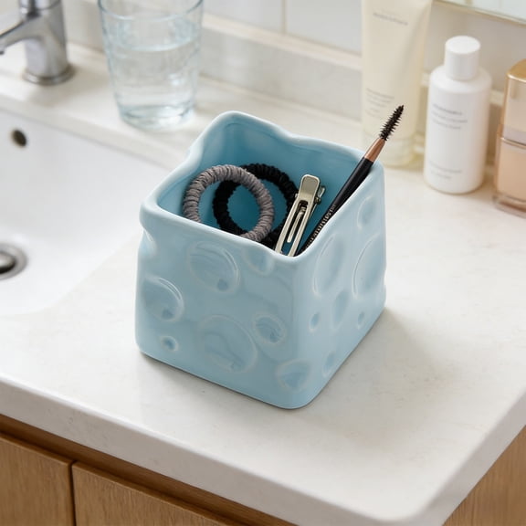Anhility Cheese Pencil Holder, Ceramics Cheese Pen Holder for Desk Cute Pencil Holders Cup Organizer Makeup Brush Holder Stationery Fork Spoon Storage, 3.15in x 3.15in, Blue