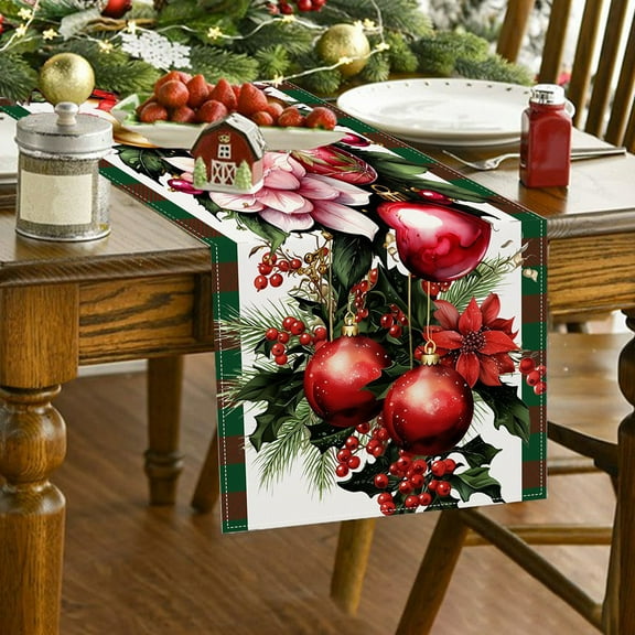 Anhility Christmas Ball Table Runner, Rustic Christmas Ball Pattern Table Runners Winter Farmhouse for Tables Wedding Party Holiday Kitchen Dinner Runners Dining Room Decoration 72.05x13in