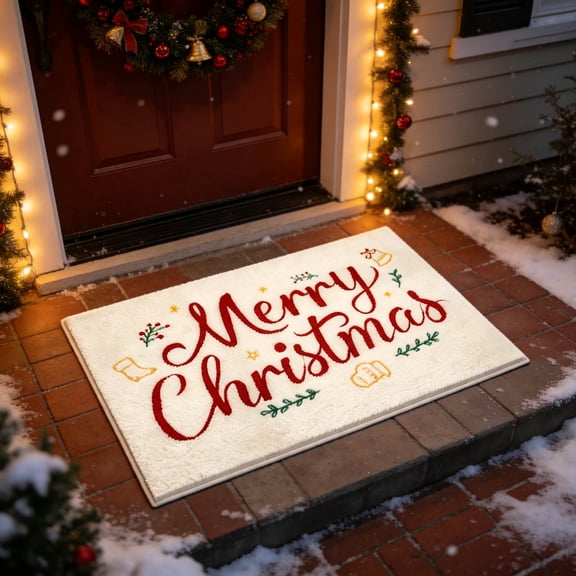 Anhility Christmas Bath Mat, 23.6"×16", Absorbent Non Slip Soft Flocked Floor Rug with Christmas Printed for Bathroom Entryway Floor Use