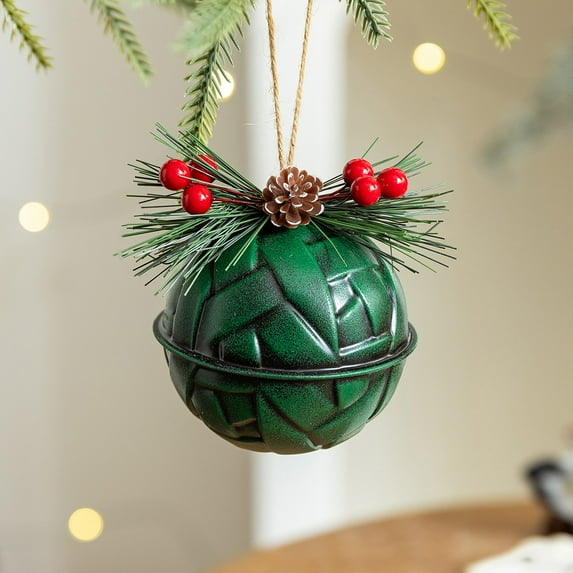Anhility Christmas Bell Hanging Ornaments 3.15" Large Rustic Bell Decoration Xmas Hanging Decorative Bell with Red Berry and Bow for Christmas Wreath Tree Door Decor (Green)
