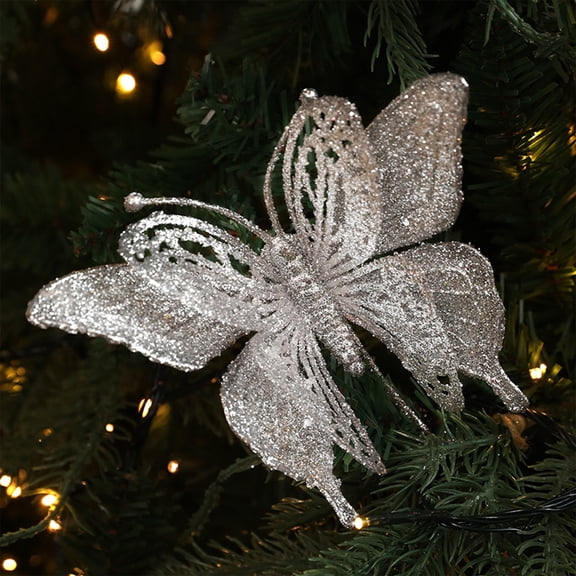 Anhility Christmas Butterfly Decorations, Glitter Artificial Butterfly Christmas Tree Butterfly Decorations Glitter Hollow Butterfly Ornaments Stems for Xmas Party, Silver
