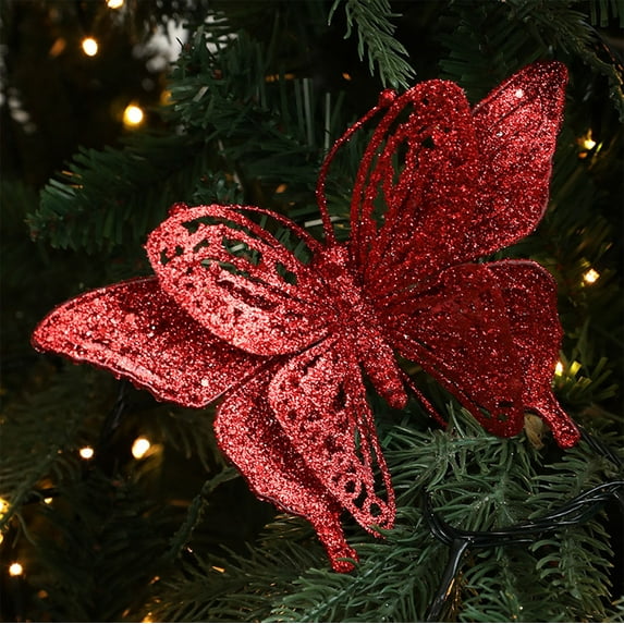 Anhility Christmas Butterfly Decorations, Glitter Artificial Butterfly Christmas Tree Butterfly Decorations Glitter Hollow Butterfly Ornaments Stems for Xmas Party, Red