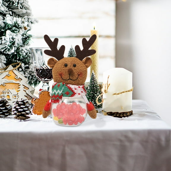 Anhility Christmas Candy Jars Transparent Plastic Cookie Container Elks Storage Box Favor Bottle with Plush Reindeer Doll Lid Party Goods for Xmas Holiday Supplies Plastic Candy Jars