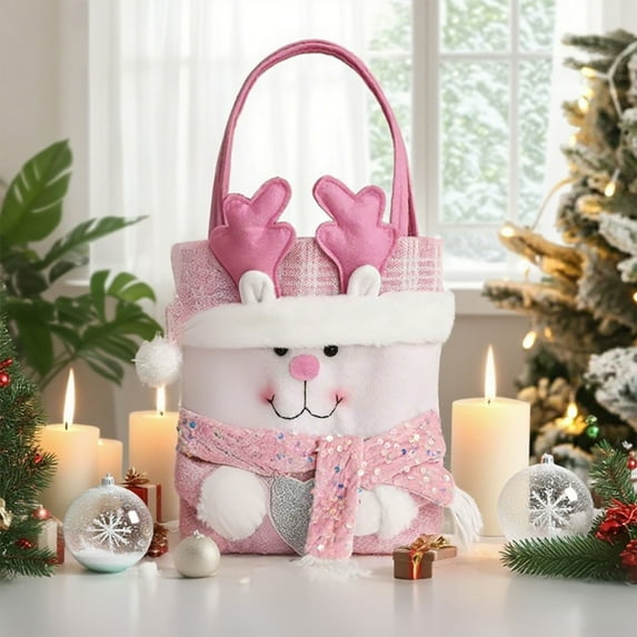 Anhility Christmas Gifts Tote Bags Pink Xmas Snowman Santa Claus Graphic Candy Packaging Bag Christmas Reusable Gift Goodie Bag for Gifts Wrapping Storage, 16.53x11.02x9.05in