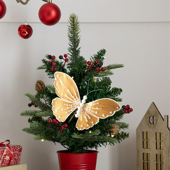 Anhility Christmas Glitter Butterflies, 8.6x5.1in Artificial Sequin Butterflies with Long Stems Christmas Tree Hanging Ornaments for DIY Xmas Wreath Fireplace Crafts Gifts Holiday Home (Gold)