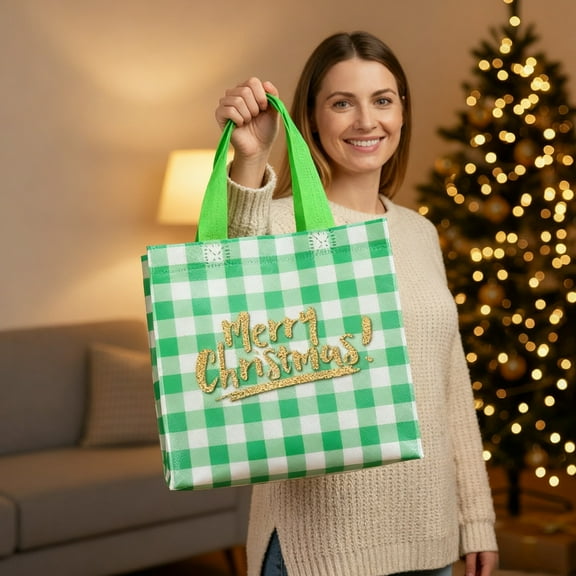 Anhility Christmas Reusable Tote Bags with Handles, Non-Woven Foldable Waterproof Holiday Shopping Wrapping Bags for Christmas Gifts and Party Favors, Green (7.87 x 7.87 x 3.54 in)